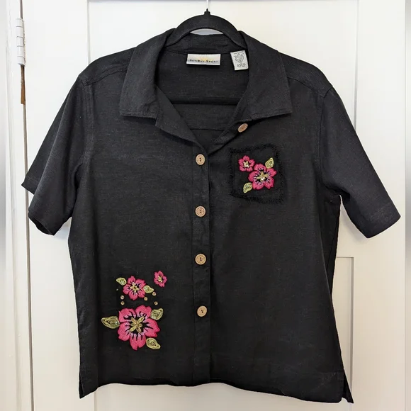Retro Linen Beach Floral Button Down SunBay Sport Top - Picture 1 of 7